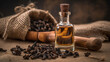 Close up glass bottle of clove oil and cloves in wooden shovel on burlap sack. Essential oil of clove rustic style background spice concept, generative ai