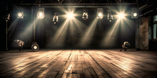 Spotlights Lights Shining On Stage Background With Wood Floor