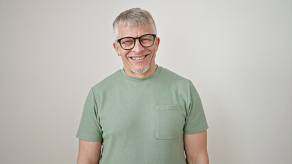 Poster - Middle age grey-haired man smiling confident wearing glasses over isolated white background