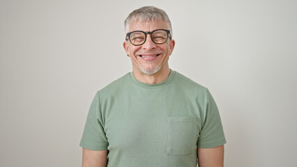 Wall Mural - Middle age grey-haired man smiling confident wearing glasses over isolated white background