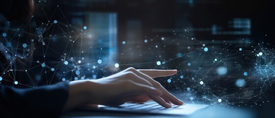 Data scientist, Programmer using laptop analyzing financial data on futuristic virtual interface. Algorithm. Global business development, strategy and planning, digital technology. Generative AI
