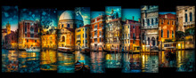 Creative Composition Of Different Venetian Landscapes, Buildings And Culture. Vibrant Colors And Beautiful Lighting Create A Harmonious Collage Perfect For Tourism. Generative AI