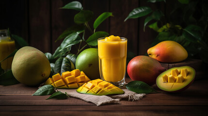 Wall Mural - Fresh tropical fruit smoothie mango juice on wooden background with leaves and fruits, generative ai