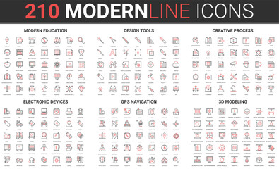 Modern education and design creative process, 3d modeling printing, wireless electronic device thin red black line icon vector illustration set. Outline symbols for gps transport navigation collection