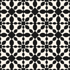 Wall Mural - Vector seamless pattern. Simple monochrome floral ornament with curved shapes, grid, lattice, flower silhouettes, repeat tiles. Elegant black and white ornamental background. Repetitive geo design