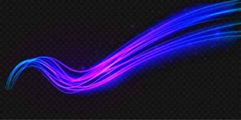 Wall Mural - Luminous neon shape wave, abstract light effect vector illustration. Wavy glowing purple neon blue bright flowing curve lines, magic glow energy motion particle isolated transparent black background.