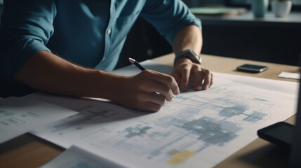 Close up ux developer and ui designer use augmented reality brainstorming about mobile app interface wireframe design on desk at modern office.Creative digital development agency, Generative Ai