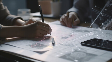Close up ux developer and ui designer use augmented reality brainstorming about mobile app interface wireframe design on desk at modern office.Creative digital development agency, Generative Ai