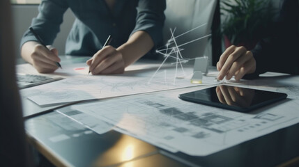 Close up ux developer and ui designer use augmented reality brainstorming about mobile app interface wireframe design on desk at modern office.Creative digital development agency, Generative Ai