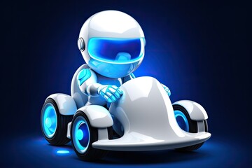 Poster - robot cruising in a toy car with vibrant blue lights. Generative AI