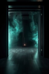 Wall Mural - illustration, empty room with smoke and neon light, generative ai.