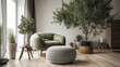 Grey armchair, knitted pouf and olive tree in light living room, generative ai