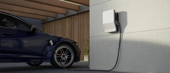 Generic electric vehicle EV hybrid car is being charged from a wallbox on a contemporary modern residential building house