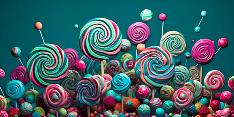 colorful candies with sweets and lollipops on light sky blue background