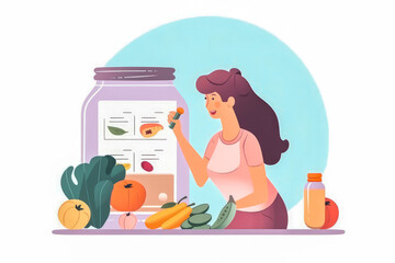 healthy meal planning with daily food ingredient list. dietitian writing meal plan illustration. gen