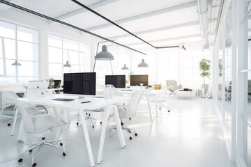 Wall Mural - Modern white and blue open space office interior. Empty clean modern office building. Generative AI