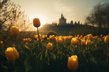 A castle is seen in the background of yellow tulip fields at sunset, with a blurred foreground. Generative AI