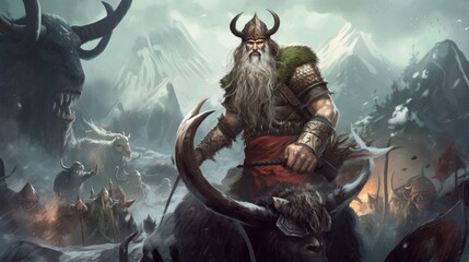 World inspired by Norse mythology, with fierce Vikings, epic battles, and divine creatures