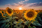 Fototapeta  - Sunflower field and golden hour sky, Generative AI
