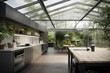 © AIproduction - A small professional kitchen halfway inside and halfway leading into a greenhouse. Generative AI