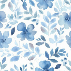  Blue floral watercolor seamless pattern. Generative AI background