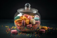 A Variety Of Colorful Macarons And Illustrations Of Sprinkles In A Glass Pot. Generative AI