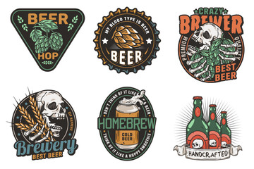 Wall Mural - Beer set of brew emblems or craft beer logos with beer cap, can, hop, skeleton and bottle. Labels or prints with skull, beer glass and barly for bar, pub or brewery shop