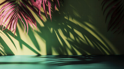 Wall Mural - Summer tropical leaf with shadow on a green wall. Product display mockup scene. Generative ai