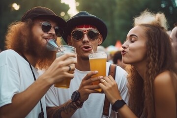  Vibrant social scene at an outdoor festival concert, with a cheerful crowd enjoying the atmosphere and each other's company. People can be seen drinking beer and having a good time Generative AI