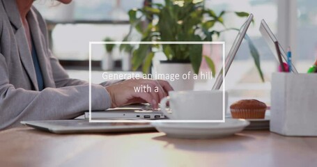 Wall Mural - animation of ai text, data processing over caucasian woman using laptop