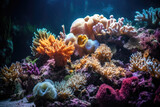 Fototapeta Do akwarium - A photograph of a coral reef bleached by rising ocean temperatures, showing a variety of colorful corals and anemones under the sunlight.. Generative Ai