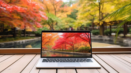 Blank screen laptop computer on terrace with beautiful autumn colorful red and yellow maple leaves background, generative ai