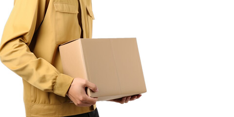 Closeup hands of delivery man holding package to deliver. Courier holding cardboard box isolated on transparent background. Delivery service. Generative AI.