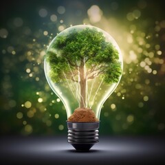 Sticker - light bulb is a green tree with an energy resources icon. Electricity and energy conservation are concepts. Ecological and environmental protection. generative ai