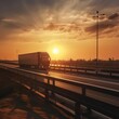 beautiful front view A large, heavy semi-trailer truck is seen driving down a highway in a dramatic sunrise or sunset during a warm morning or evening. Transportation of cargo. generative ai