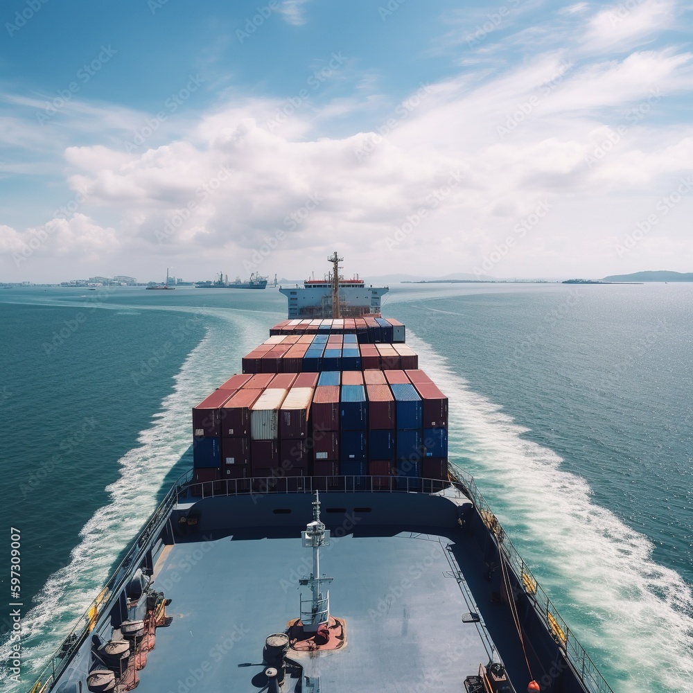Container ship carrying container box in import export with quay crane ...