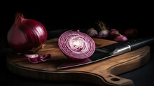 Wooden Board With Cut Red Onion And Knife On Dark Background, Generative Ai