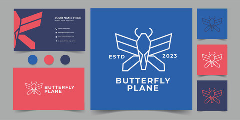 butterfly plane monoline animal logo and business card template