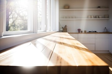 Canvas Print - wooden table beautifully lit by natural light coming from a window. Generative AI