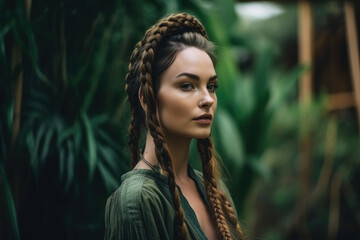 Beautiful woman with long braided hair and a piercing gaze wearing an army green silk dress in a lush tropical garden, generative ai