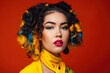 © aicandy - Bold and colorful portrait of a playful and confident woman with electric yellow background, wearing vibrant makeup and accessories, generative ai