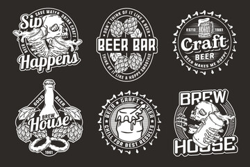 Beer set of designs with beer cap, can, hop, skeleton and bottle. Skull, beer glass, barly, bone hand and bottle for brewery or bar. Craft beer vector logos or emblems for pub and store