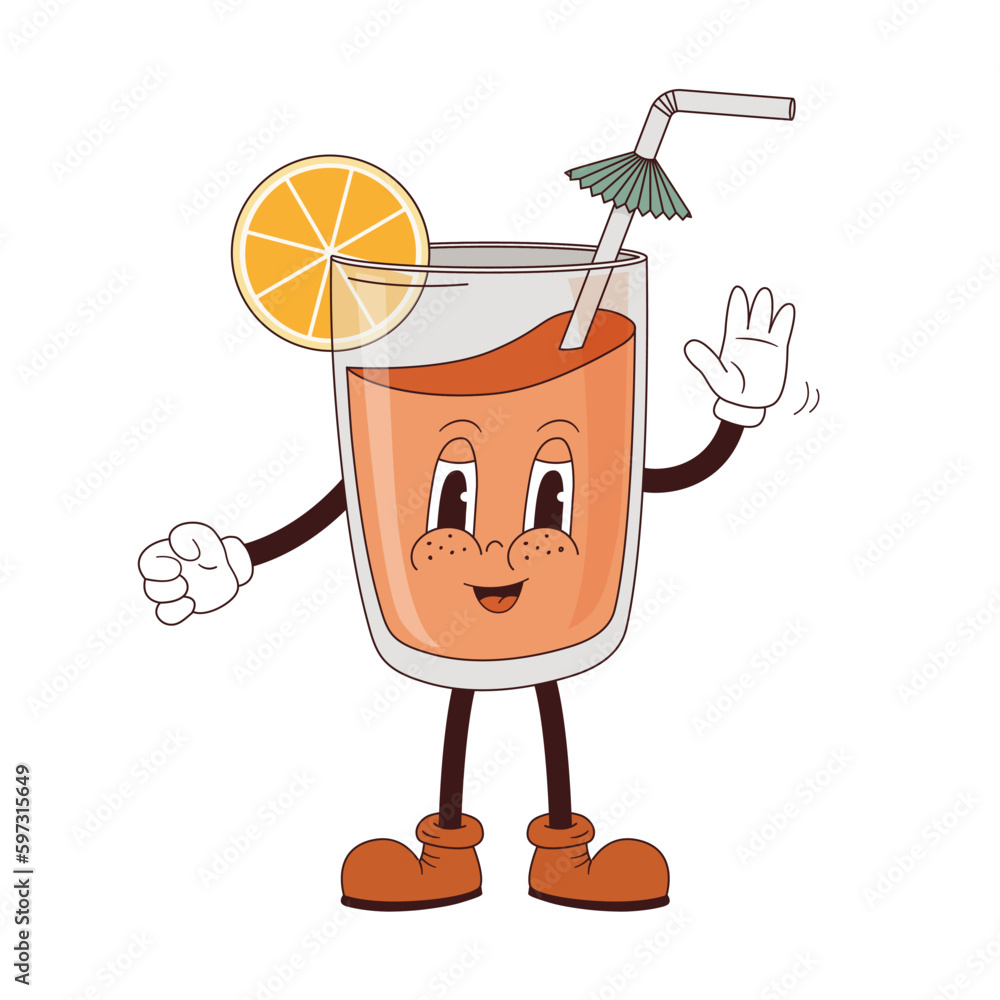 Retro 70s cocktail character in cartoon style. Nostalgia 19070s,  80s...Groovy juice glass with fruit. Y2k Vector illustration. Element for  sticker, poster, social media. Stock Vector | Adobe Stock