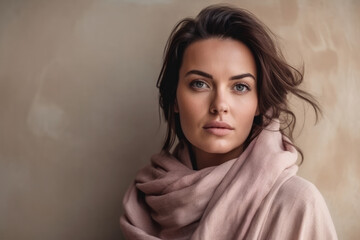 Close-up of a beautiful woman with flawless skin and dusty rose scarf wrapped around her neck, standing against a textured beige wall, generative ai