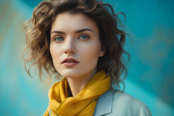 Close-up portrait of a beautiful woman with pale yellow background, wearing a turquoise blue scarf and natural makeup, her wavy hair blowing gently in the wind, generative ai