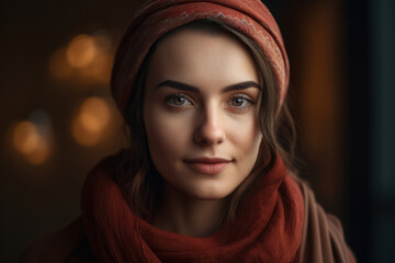 Close-up portrait of a beautiful woman with sparkling hazel eyes and a warm smile, wearing a brick-red scarf against a neutral background, generative ai