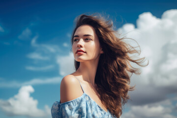 Portrait of a beautiful woman with long wavy brown hair, wearing a sky blue off-shoulder top against a dreamy sky blue background with fluffy clouds, generative ai