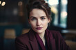 © aicandy - Portrait of a confident and powerful businesswoman with a plum-colored suit and matching lipstick, standing in a modern office, generative ai