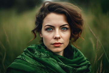 Portrait of a mesmerizing woman with green eyes, wearing a green scarf and posing in a field of green grass, generative ai