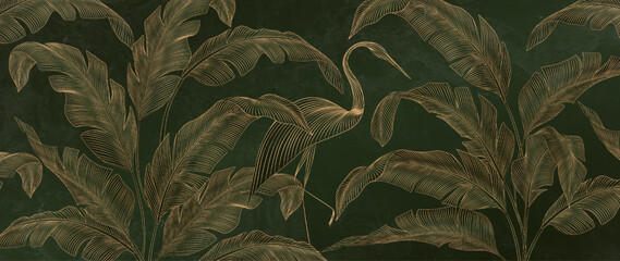 Wall Mural - art background with tropical leaves and bird in green and gold color in art line style. botanical ba